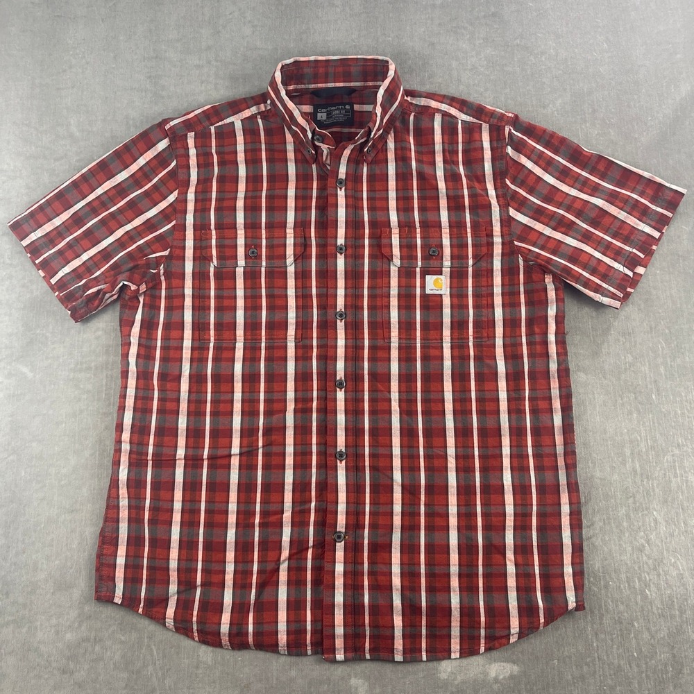 Carhartt Mens L Red Plaid Short Sleeve Button Down Loose Fit Shirt TW4625-M